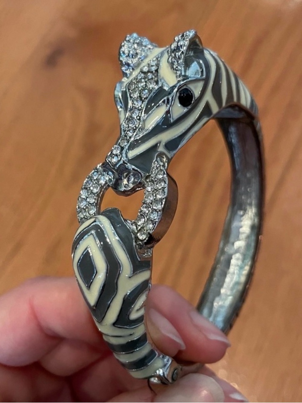 Vintage Style Zebra Head Rhinestone Enamel Silver Tone Hinged Cuff Bracelet